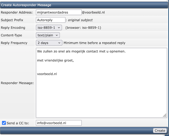 automatisch antwoord e-mail maken in DirectAdmin voorbeeld