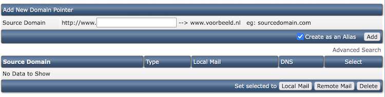 hoofdscherm Domain Pointers