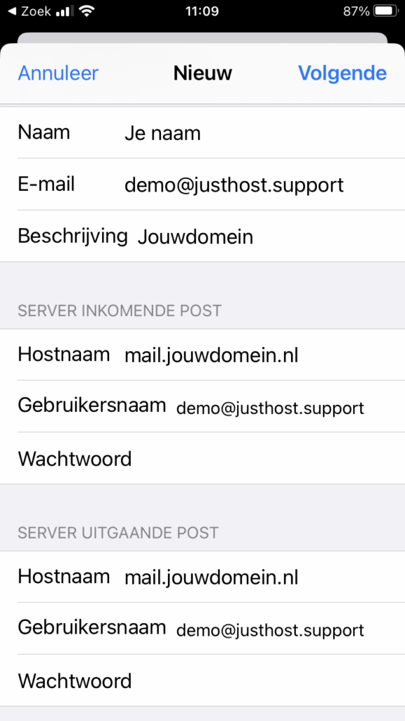Just Host iPhone e-maildetails
