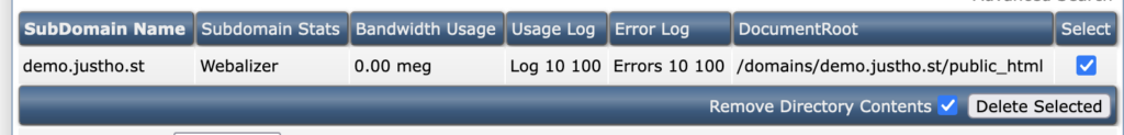 DirectAdmin Subdomein verwijderoptie