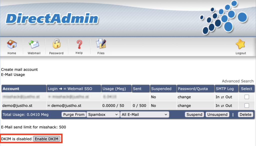 enable DKIM DirectAdmin