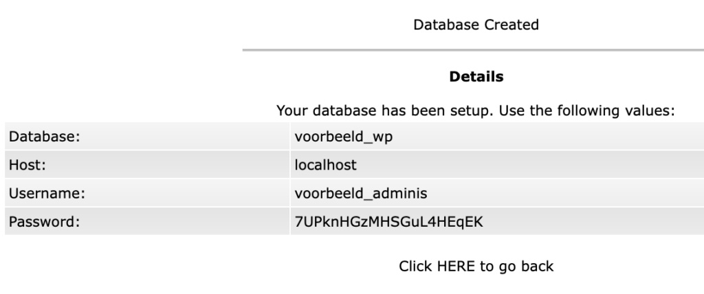 direct admin bevestiging nieuwe database