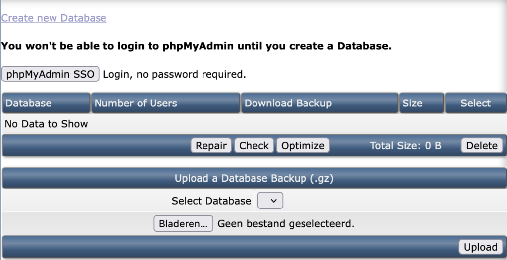 direct admin leeg overzicht mysql databases