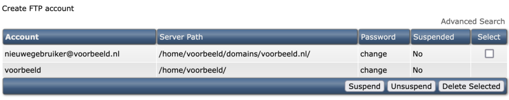 direct admin ftp overzicht met nieuw account