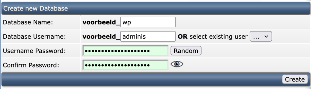 direct admin nieuwe database aanmaken