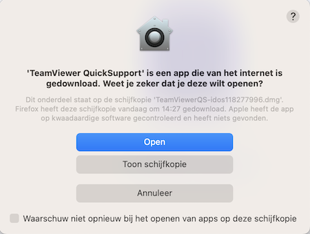 Just Host TeamViewer QuickSupport waarschuwing