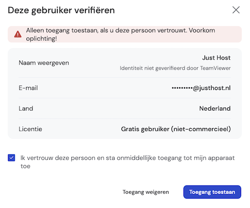 Just Host TeamViewer QuickSupport sessie toestaan
